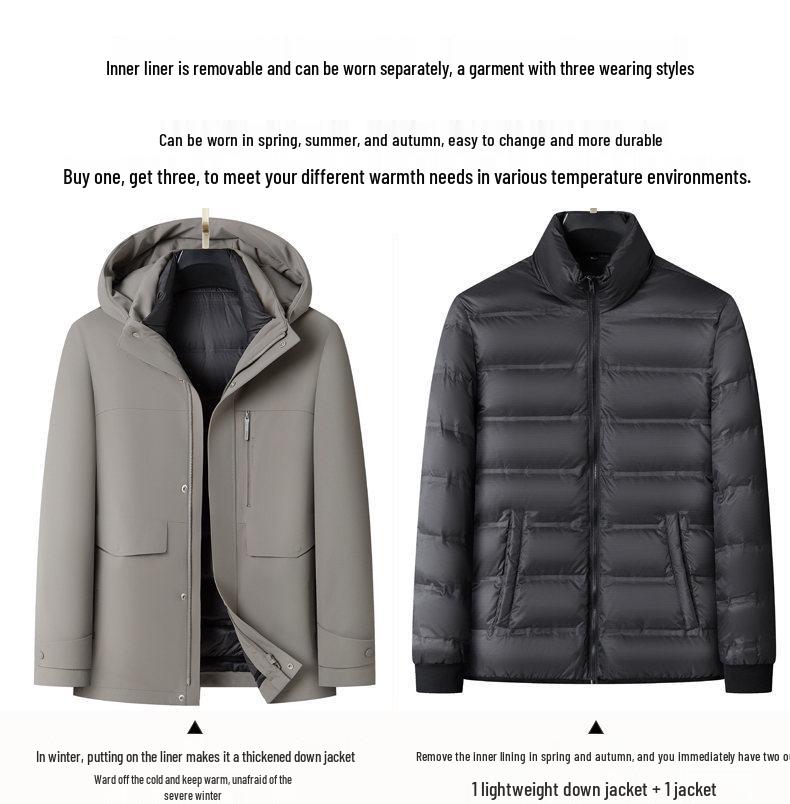 Men's Hooded Down Jacket with Removable Liner, 3-in-1 Design for Middle-Aged and Elderly.