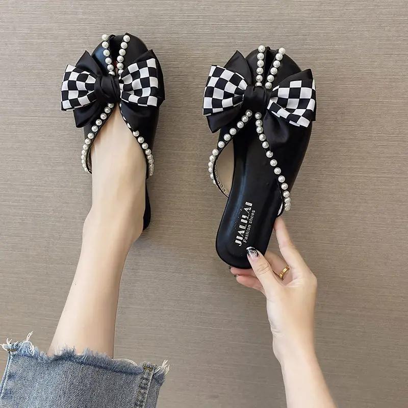 Fashion Closed Toe Half Slippers for Women Summer Wear New Bow Pearl Flat Soft Bottom Peep-Toe Slippers Shoes for Women Zapatos De Mujer