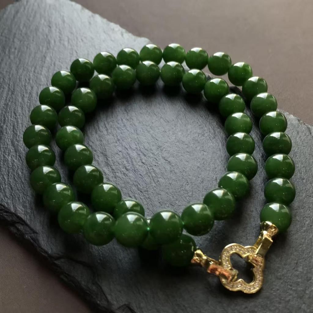 Eleventh National Day Mid-Autumn Hetian Jade Necklace - Spinach Green, 10mm beads, Mother Chain - Warm, Classical Collection