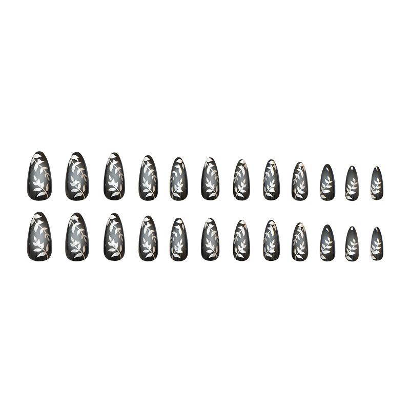 Wear Armor Dark Wind Removable Nail Pieces Silver Leaves Simple Smudging Fake Nail Pieces 24 Fake Nails