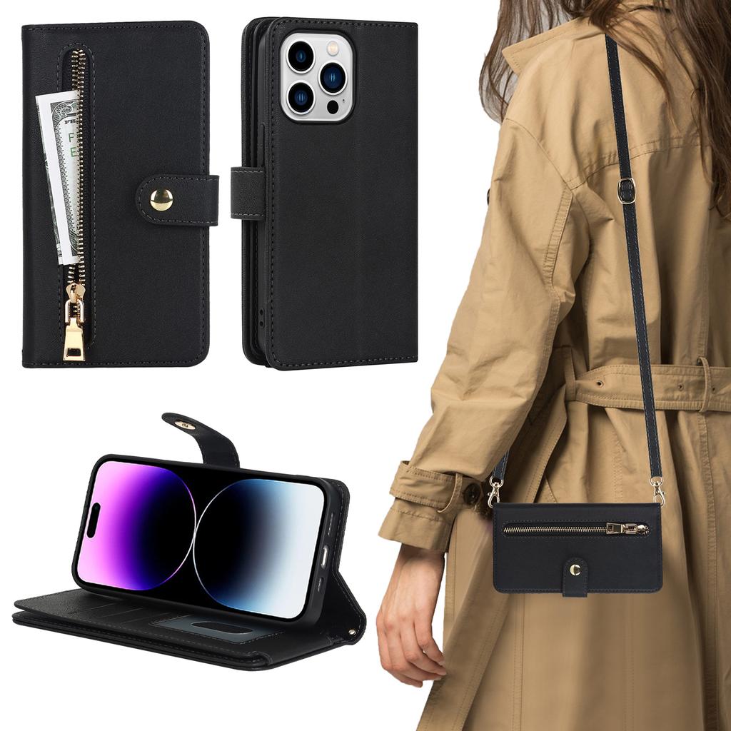 Crossbody Zipper Cards Bag Wallet Leather Case For iPhone 15 Pro Max 14 Plus 13 12 Mini 11 XR 7 8 SE 2022 Purse Pocket Lanyard