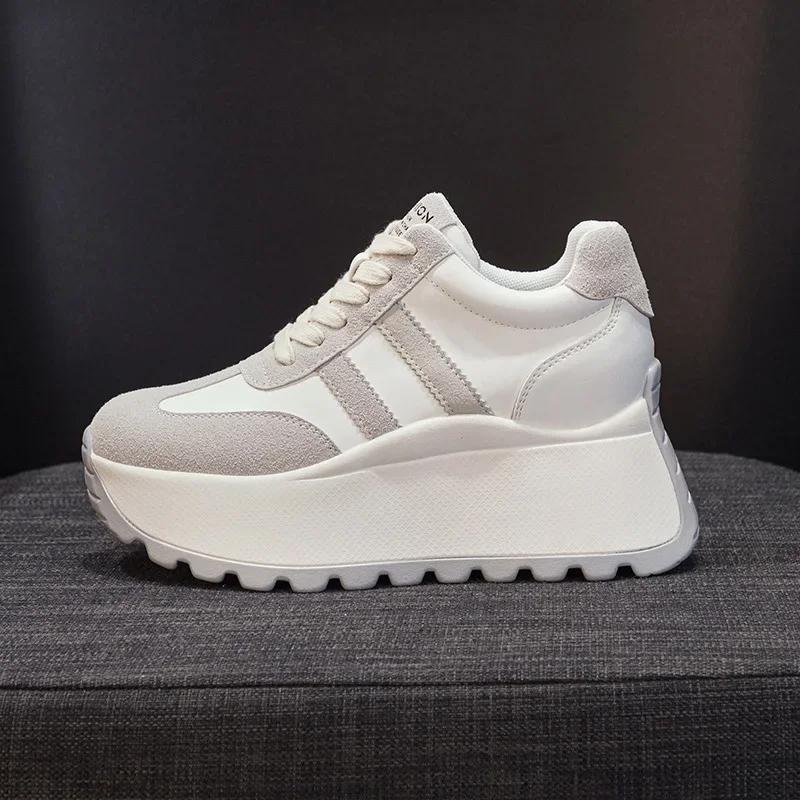 Top Quality 8cm Genuine Leather Platform Wedge Women Spring Autumn Chunky Sneakers Shoes Breathable Comfortable Vulcanize Boots