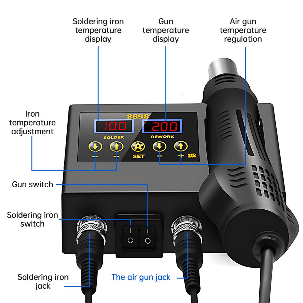 8898 2 in 1 Soldering Station LCD Digital Display Hot Welding Rework Temperature and Volume Soldering Iron Kit For Cell-Phone B