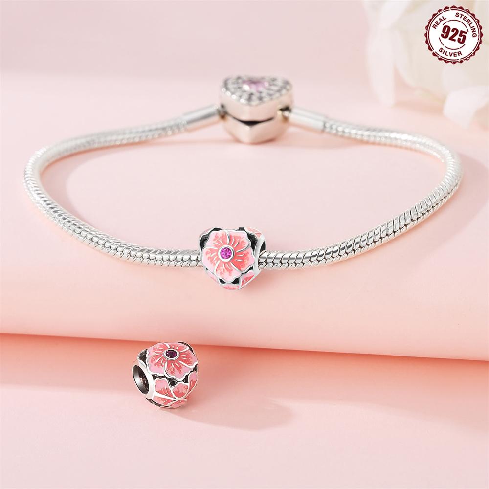 Beads Copper Charms Original Pink Heart Cherry Blossom Beads Fit Bracelet Jewelry Diy Women Fine Gift Accessory