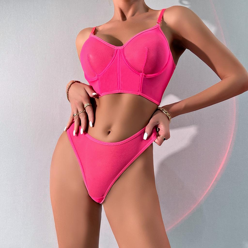 New Fashion Sexy Underwear Fish Bone Contrast Mesh Sexy Perspective Gathering Lingerie Set