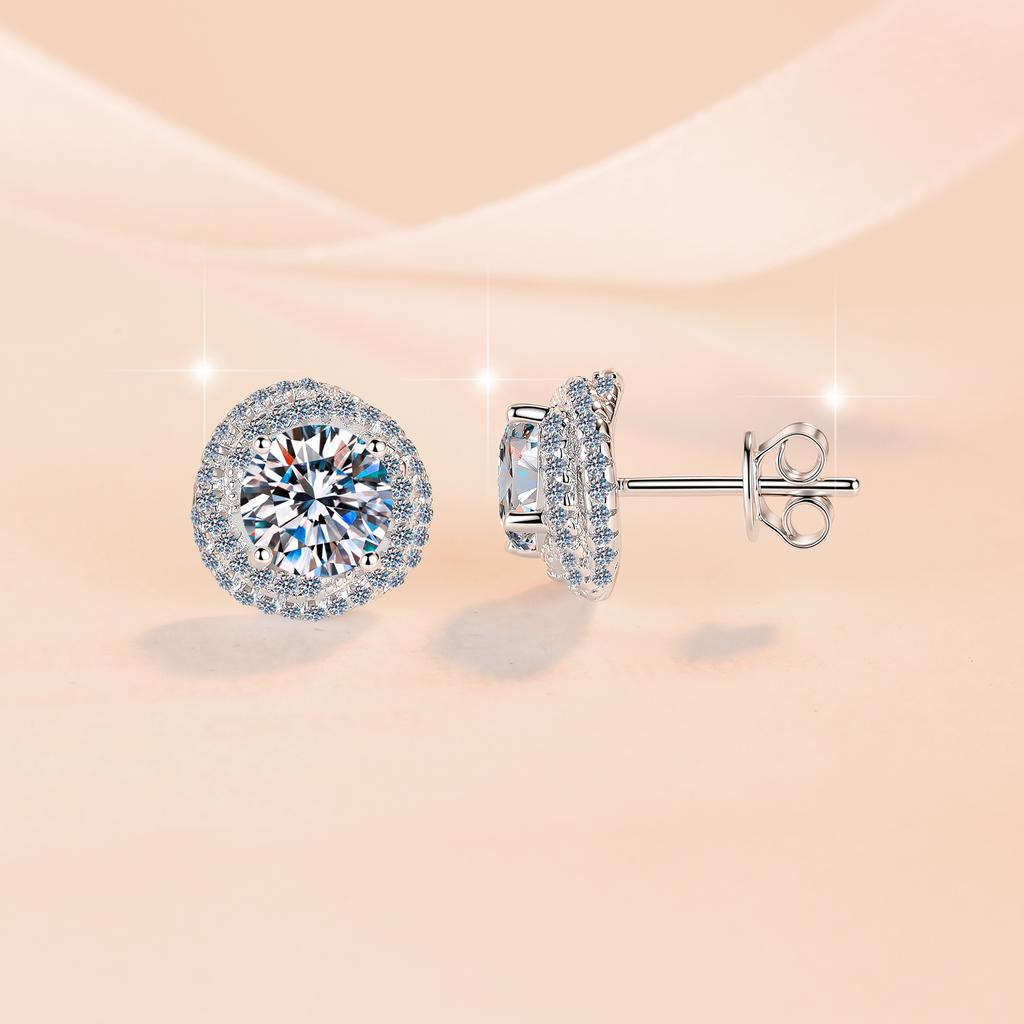 0,5 & 1 Karat Runder Schliff VVs1 Moissanit Doppel-Halo-Steckohrringe GRA-zertifiziert 925er Sterlingsilber für Damen Hochzeits Schmuck