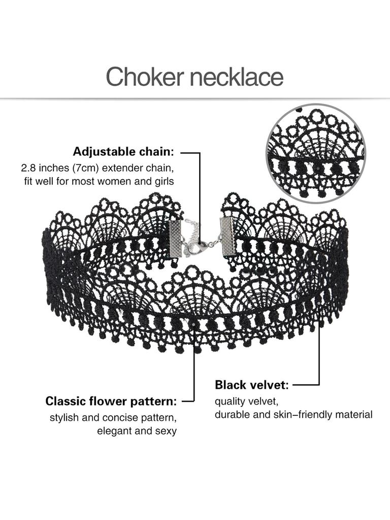Mudder Choker Necklace, Black, Halloween Choker, Lace Gothic Necklace, Women's, Black, 6 Pieces
