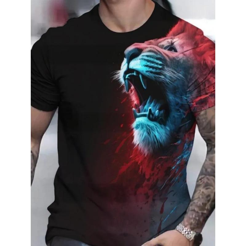 Summer Round Neck 3D Tiger Print Top Fashionable Casual Short Sleeved Men's T-shirts