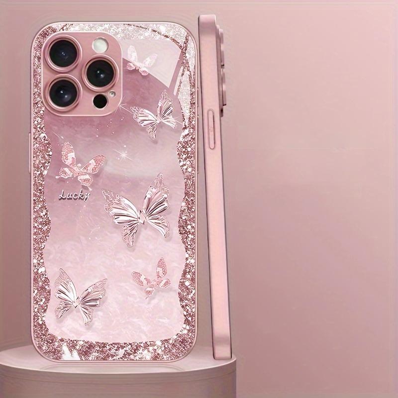 Glücksschmetterlingsmuster Rosa Metallic Gehärtetes Glas Handyhülle Für iPhone 17 16 15 14 13 12 11 Pro Max 15 Plus 17 Air 16E Hülle