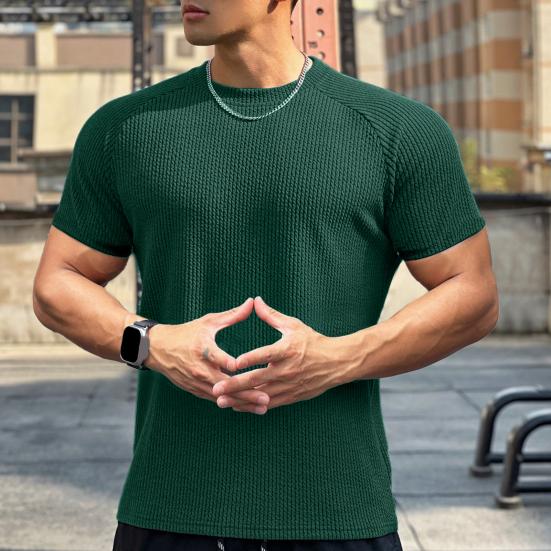 Men Summer Top with 3D Texture Round Neck Short Sleeves Loose Solid Color Muscular Men Sport T-shirt Daily Exercise Shirt