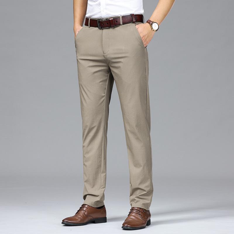 Men'S Lightweight Ice Silk Breathable, Slightly Elastic, Soft And Comfortable High Waisted Small Straight Leg Business Casual Trousers