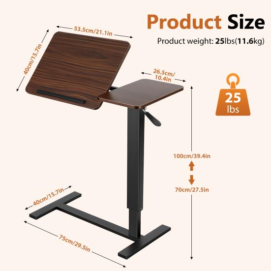 31.5" Mobile Standing Desk with 70-degree Tiltable Desktop, Overbed Bedside Table with Wheels, Height Adjustable Rolling Laptop Desk for Home Office,