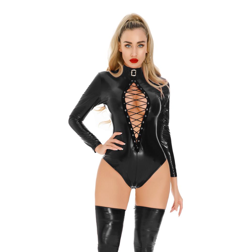 Body Cosplay da Cameriera Sexy da Donna Taglio Alto Benda Foro Stretto Catsuit in Ecopelle PU Lattice Lucido Pezzo Unico Leotard