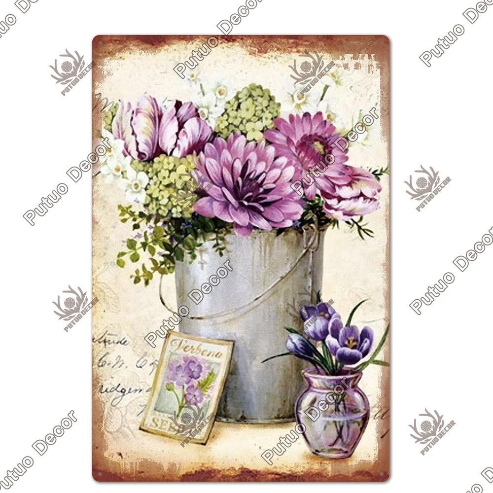 Decor Flower Plaque Metal Vintage Tin Sign Wall Decoration Posters for Home Garden Kitchen Living Room Iron Painting