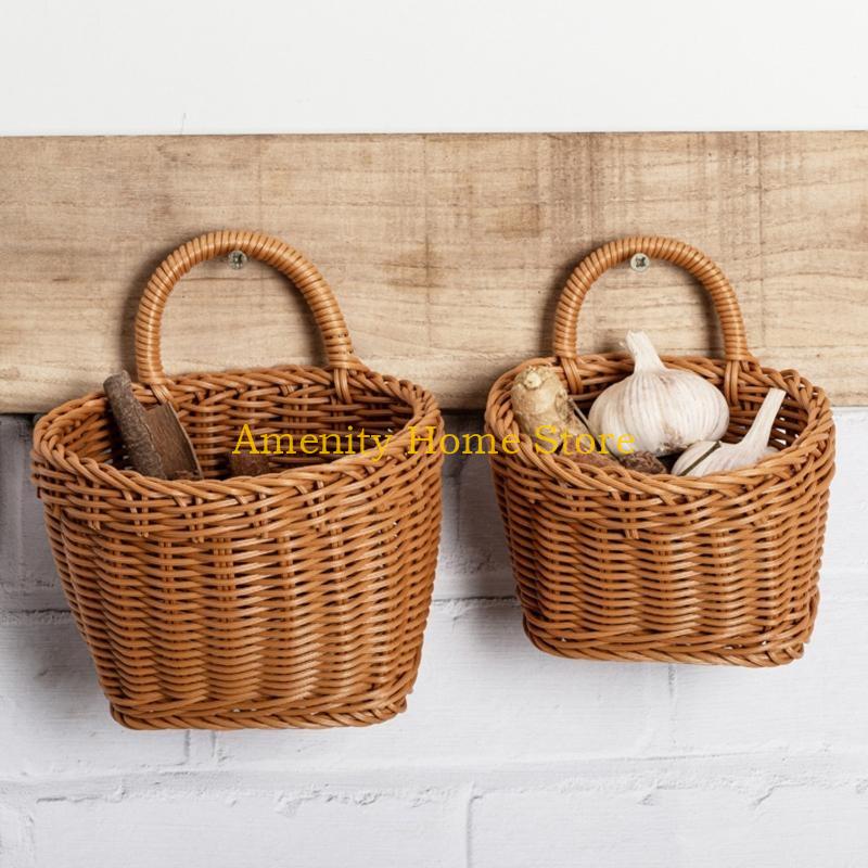 F26C Kitchen Storage Basket with Handle Hand-woven Hanging Baskets for Living Room Fruit Flower Sundries Home