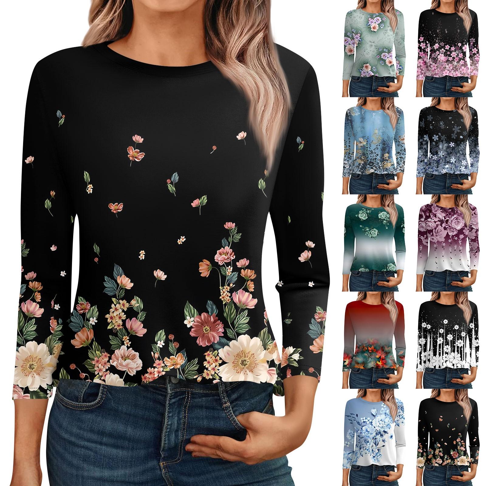

Женская мода, повседневный топ с круглым вырезом и семью рукавами, винтажный цветочный принт