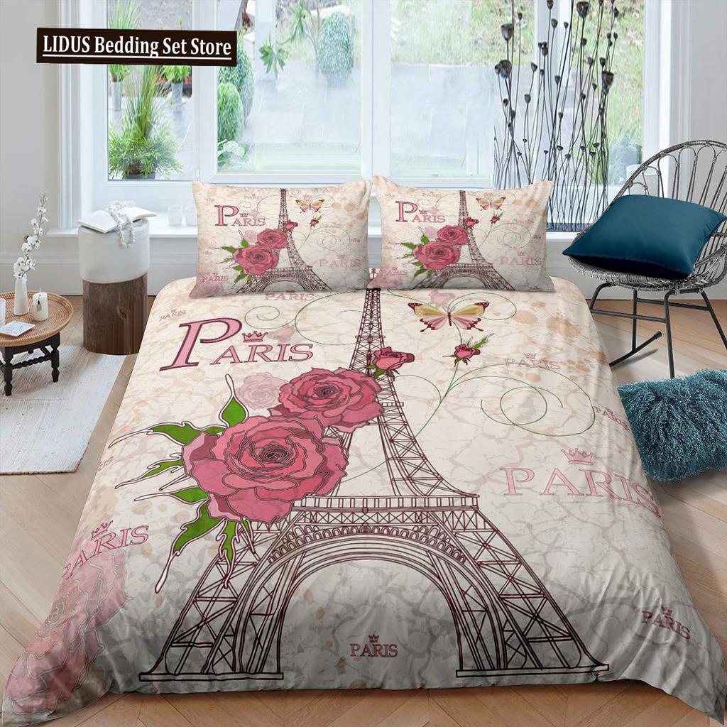 Eiffel Tower Duvet Cover Paris Tower Red Car Bedding French Style Home Decoration Grey Cityscape French Romantic Gift For Women