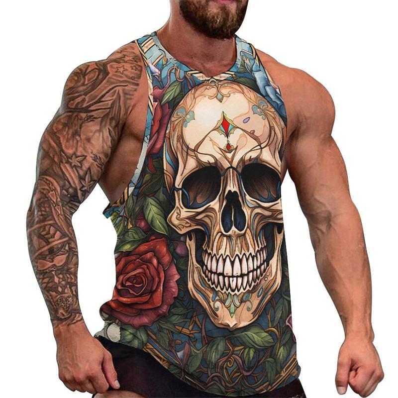 Summer Round Neck 3D Fashion Skull Printed Top Fashionable Casual Hip-hop Sleeveless Vest Men's T-shirts