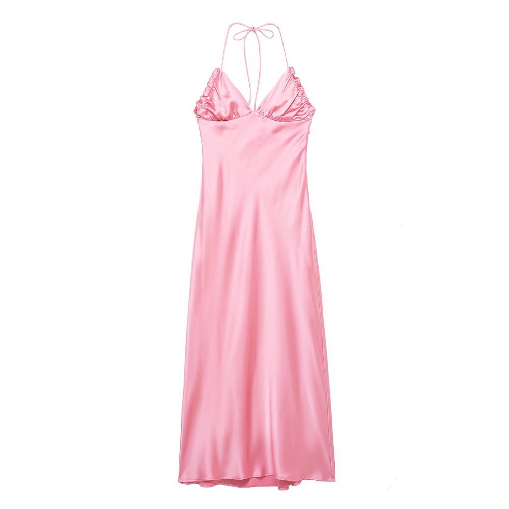 

Spring 2025 Women s Elegant Slim Silk Satin Halter Dress Large розовый