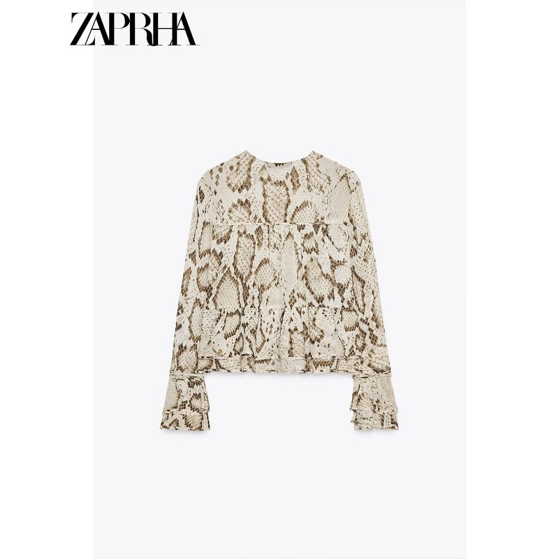 Zaprha 2025 Summer New Animal Pattern Print round Neck Long sleeve A Word Cuff Lace-up Shirts 3716826