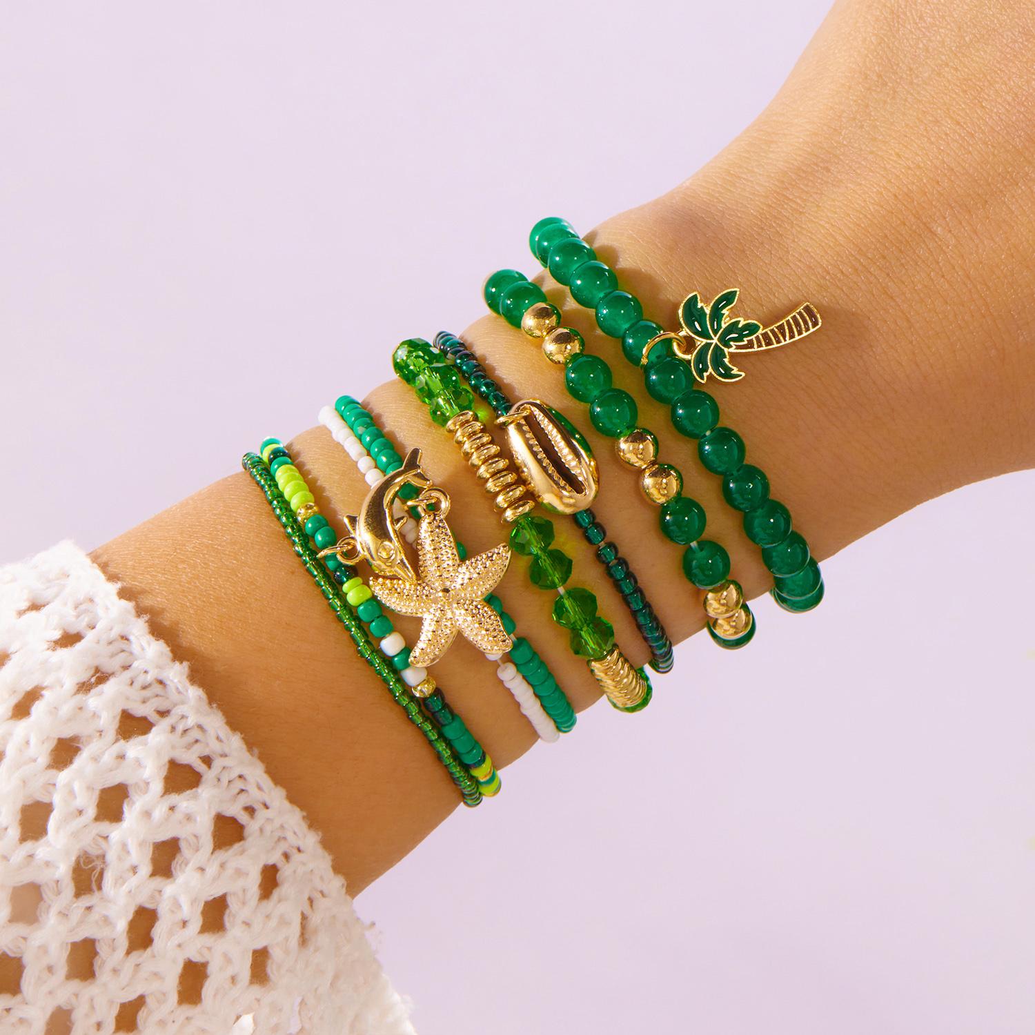 

Elegant Green Rice Beads Bracelets Set for Women Trendy Starfish Shell Dolphin Coconut Tree Pendant Bracelets Beach Jewelry