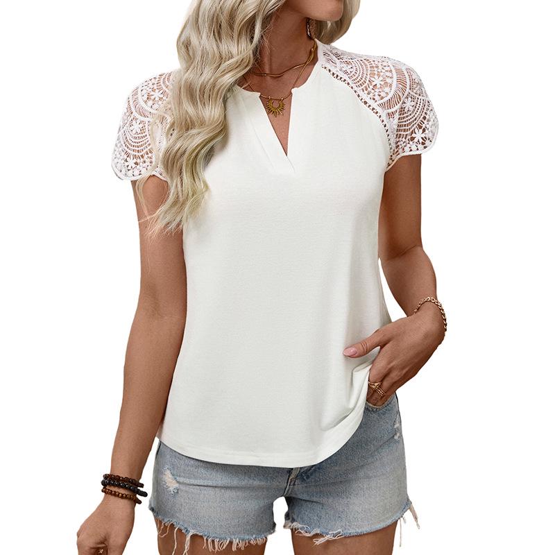 European and American Lace Stitching V-Neck Short Sleeve Top - 2026 Summer Women's Casual Loose T-shirt