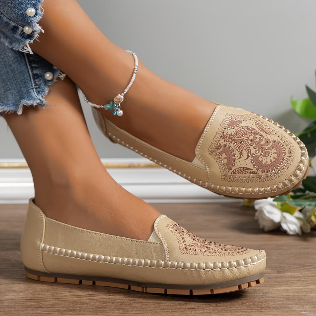 Elegant Plus-Size Women's Slip-On Flats with Rhinestone Floral Embellishments - Breathable PU Cover, Round Toe Design, Comfortable TPR Sole