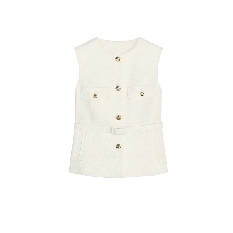 Spring New Women Clothes Simple Style Round Neck Metal Buckle With Belt Punk Texture Vest 2132904