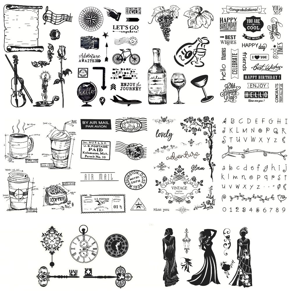 seimeinoki Clear Set of European Retro Transparent Silicone Stamps with English and Drink Reusable for Planner Letter Handmade DIY and Embossing