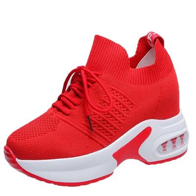 Moda Nowe Wiosna Lato Dzianina Modne Trampki Damskie Ukryty Obcas Buty Codzienne Kobieta Oddychające Trampki na Platformie Koturn Białe Buty
