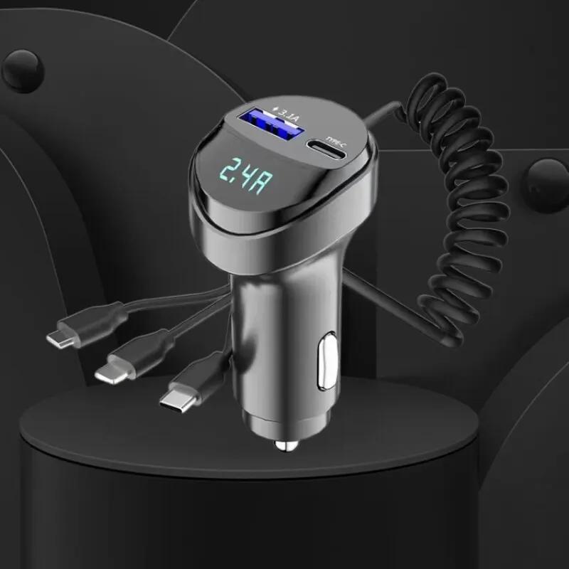 55W 2-Port USB Car Charger with Voltage Display Fast Charging 3.1A Retractable Cable Three-In-One Design for iPhone Samsung