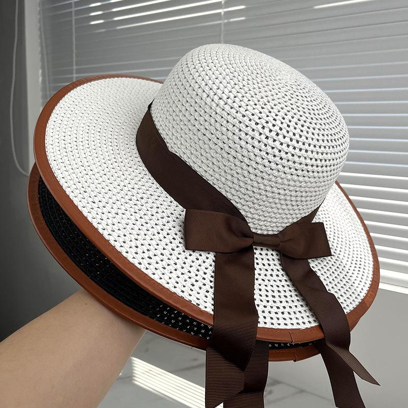 New big brim straw hat women's summer sunshade versatile bow seaside beach sunscreen straw sunscreen sun hat