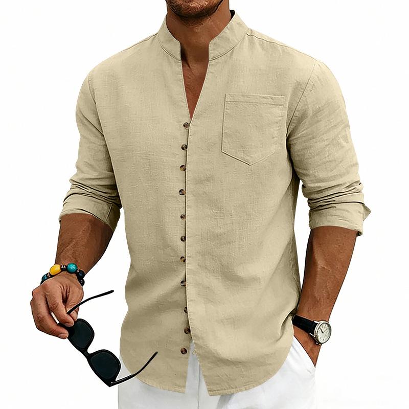 Mens Stand Collar Solid Color Loose Casual Long Sleeve Shirt