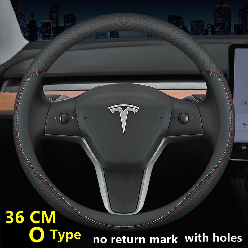 Steering Wheel Cover For Tesla Model 3 Y S X Nappa Leather 4 Seasons 36-39 CM Diameter Black Car Interior Accessories 2017-2024