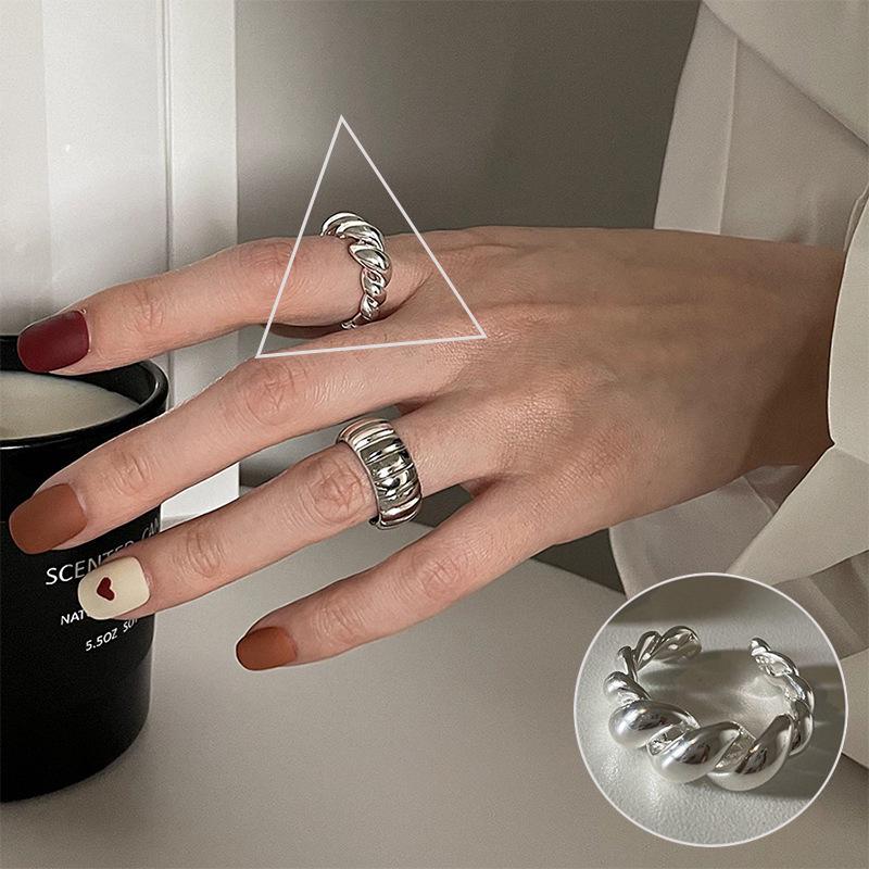Bague de doigt ouverte vintage pour femme à double couche géométrique de style coréen plaquée argent S925