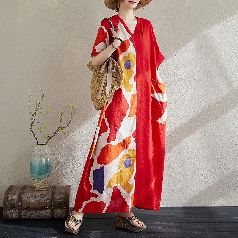 

Летнее платье Fat Mm из тонкого хлопкового льна с V-образным вырезом и короткими рукавами, контрастное сращивание средней длины для женщин, платья one size