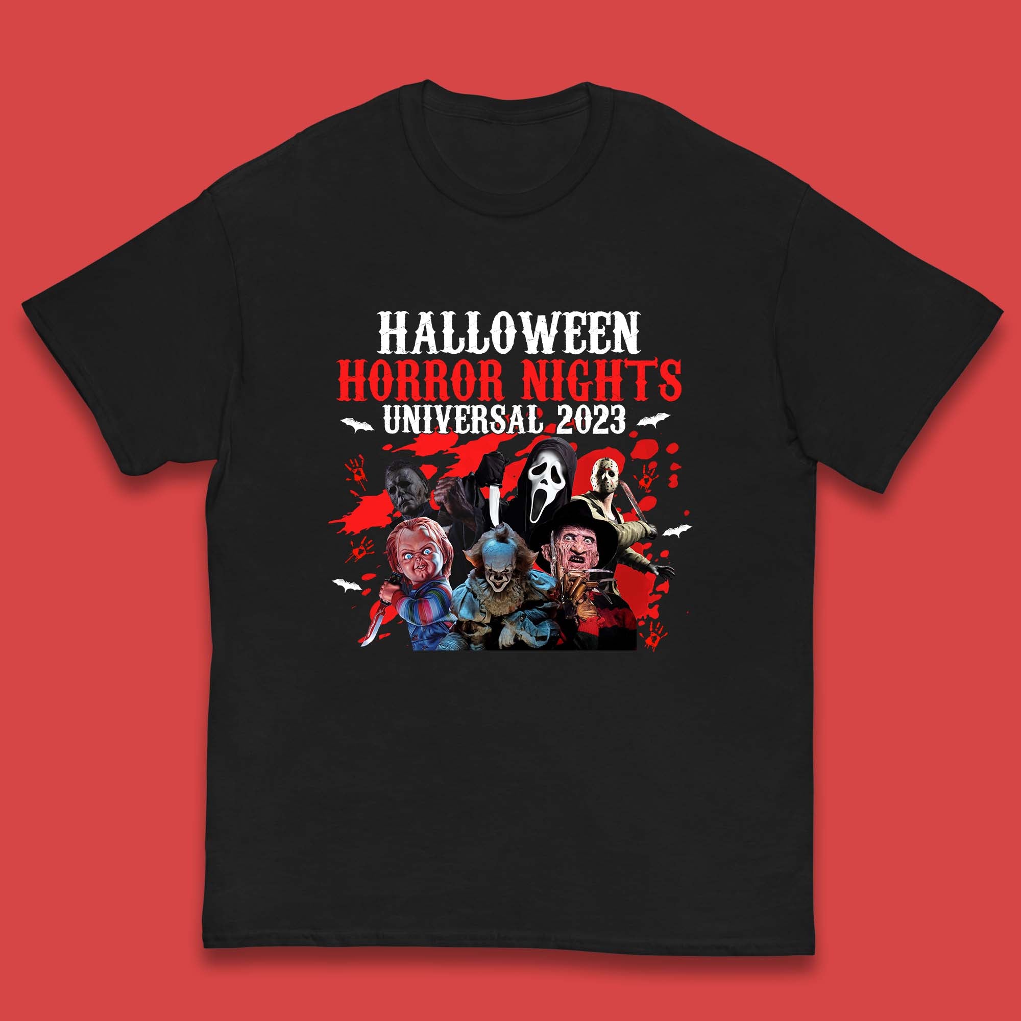 Halloween Horror Nights Universal 2023 Halloween Horror Movie Characters Friends Halloween Serial Killers Kids T Shirt 150