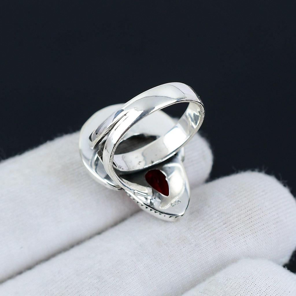 Red Garnet January Birthstone Adjustable 925 Sterling Silver Ring - Fits US Sizes 6 To 10 - Handmade Boho Jewelry for Women & Men, Valentine Gifts