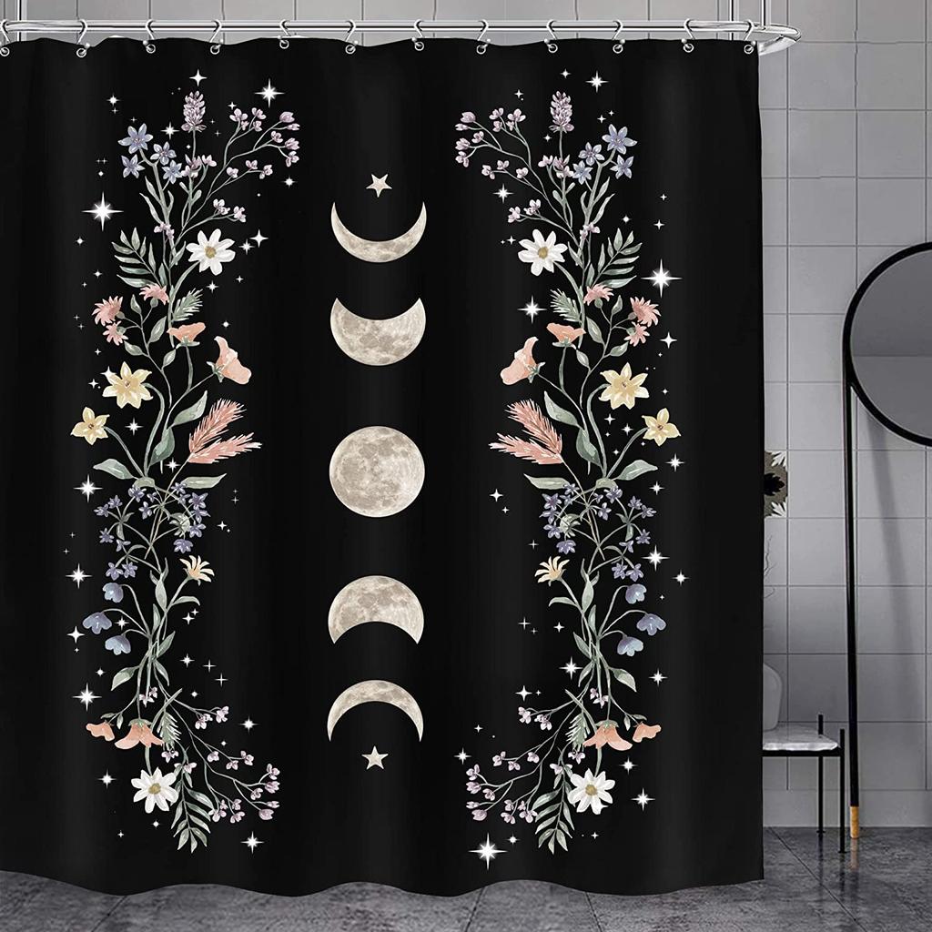 Boho Moon Phase Shower Curtain Abstract Sun Stars Butterfly Mushroom Flowers Plant Leaves Bathroom Decor Fabric with Hooks