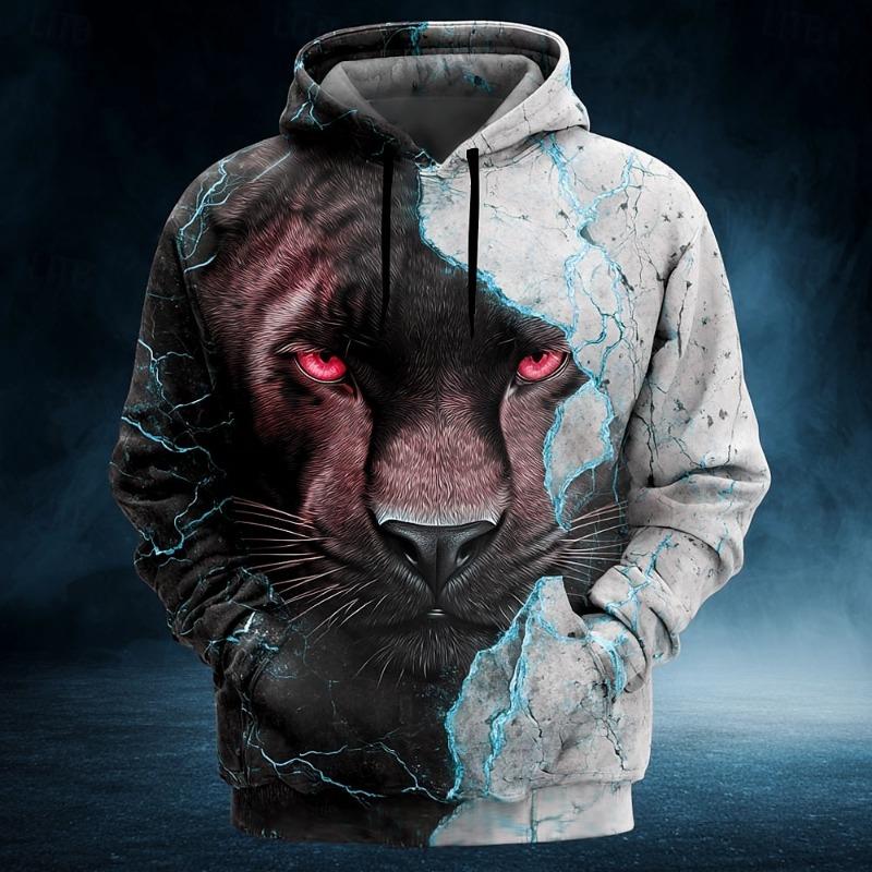 2025 Fall Winter Men's Animal Black Panther 3D Prints Hoodies Sweatshirt Long Sleeve Crew Neck Streetwear Drawstring Tops