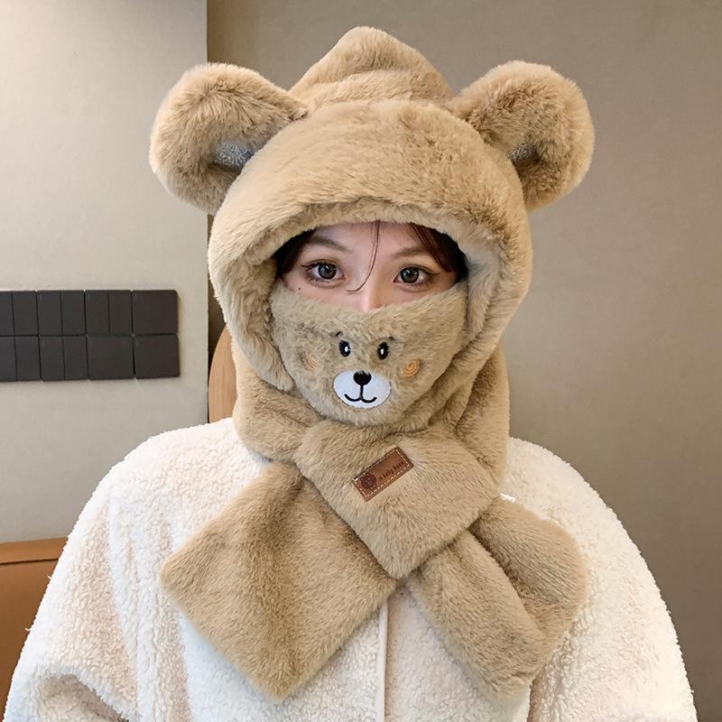 Winter bear ear-protecting hat and scarf combo for women, autumn and winter versatile cute hooded plush warm Korean style trendy