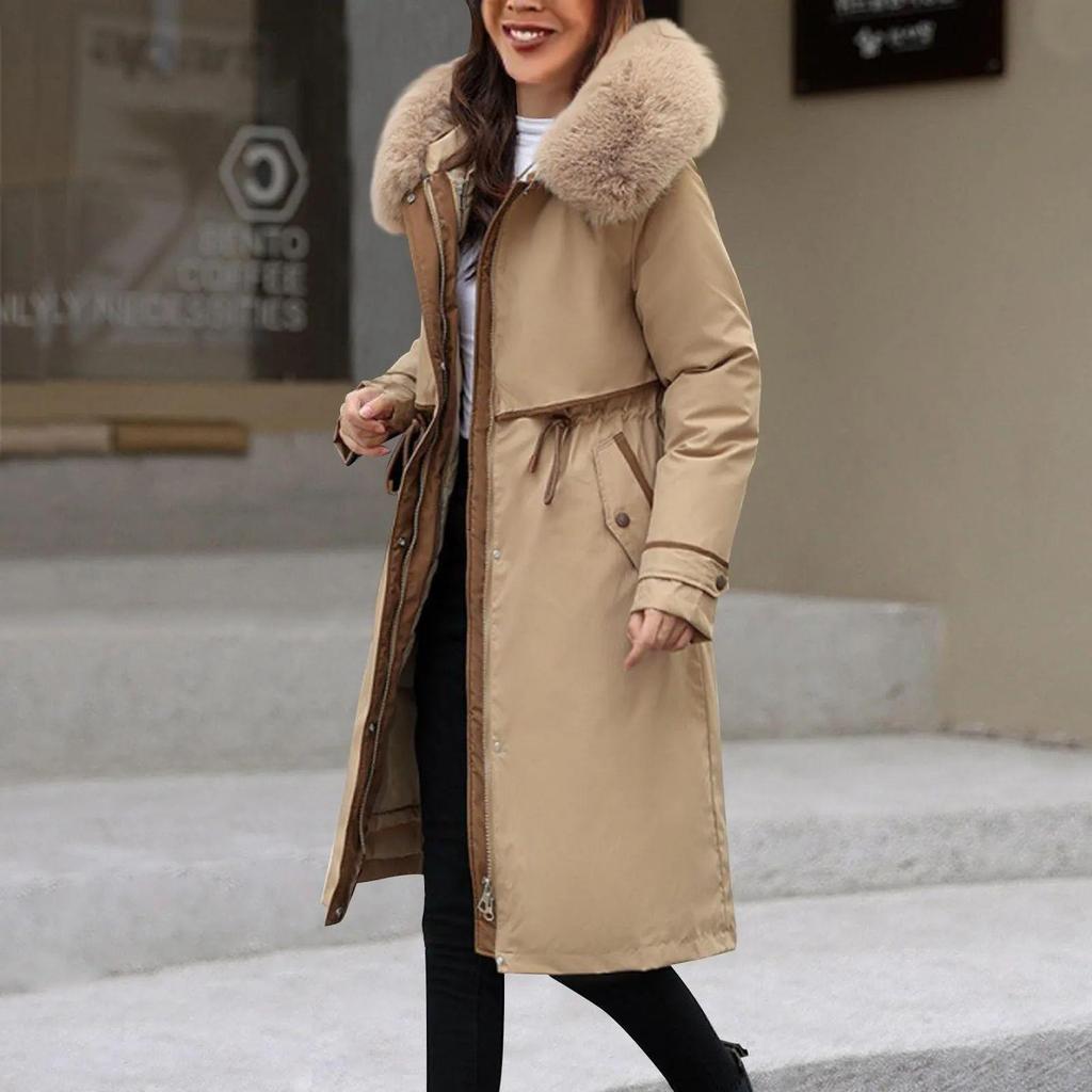 Koreanischer Stil Damen Mittellange Baumwolljacke Hoodie Passform Damenjacken Winter Mittellang Büro Baumwollmäntel Warme Fleece Parkas