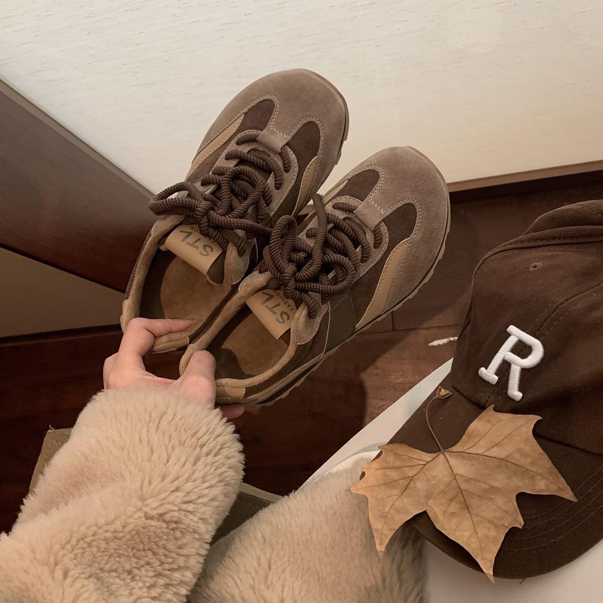 

Grape mother German training shoes women s 2025 spring new flat-soled Forrest Gump shoes color matching leather casual sports shoes board shoes women 40 кофейный