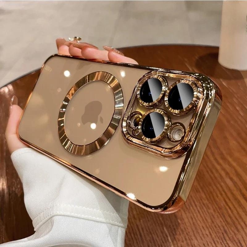 New Color Clear Glass Lens Protector Phone Case for iPhone 15 11 12 13 14 16 Pro Max Plus X XR XS Max Magnet Soft Magsafe Cover