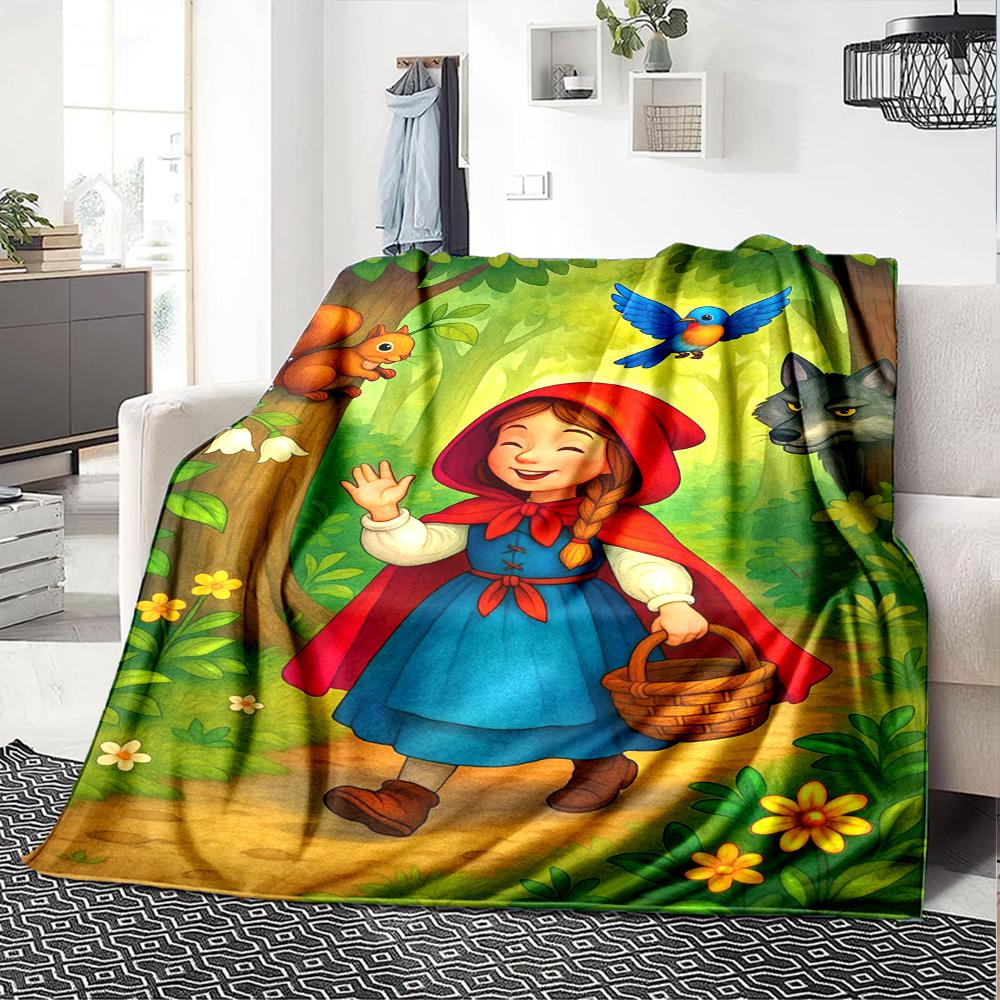Little Red Riding Hood Cartoon Fairy Tale Print Flannel Throw Blanket—Soft, warm, and cozy; suitable for sofas, beds, and home décor.