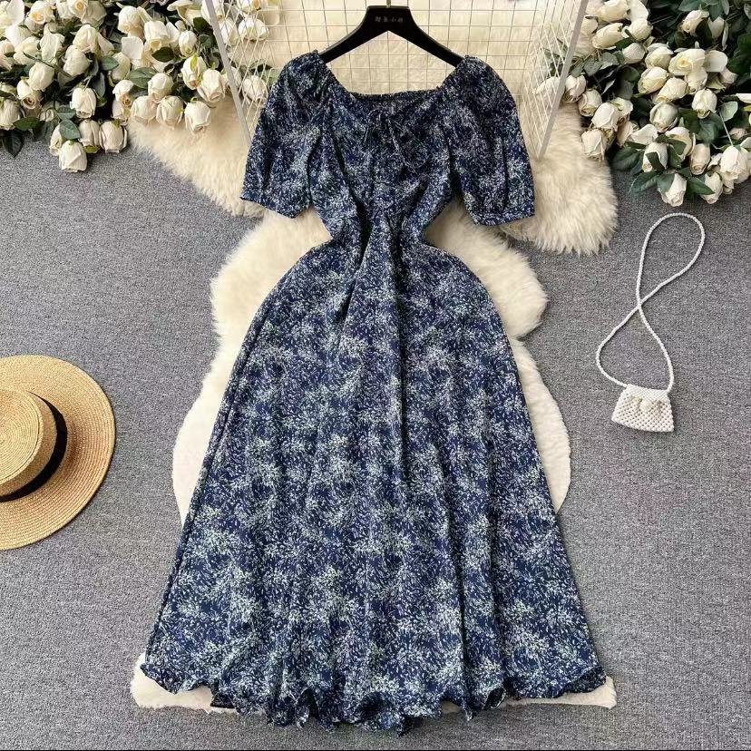 Summer Women Floral Midi Dress Beach Vacation V-Neck Short Sleeve High Waist A-Line Party Vestidos Female Dresses