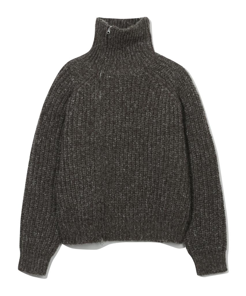 BASEMOMENT Asymmetric High-Neck Zip-Up Knit Melange Brown