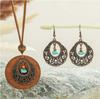 European And Retro Sweater Chain And Winter Rice Bead Geometric Pattern Round Wood Piece Long Necklace Earring Set