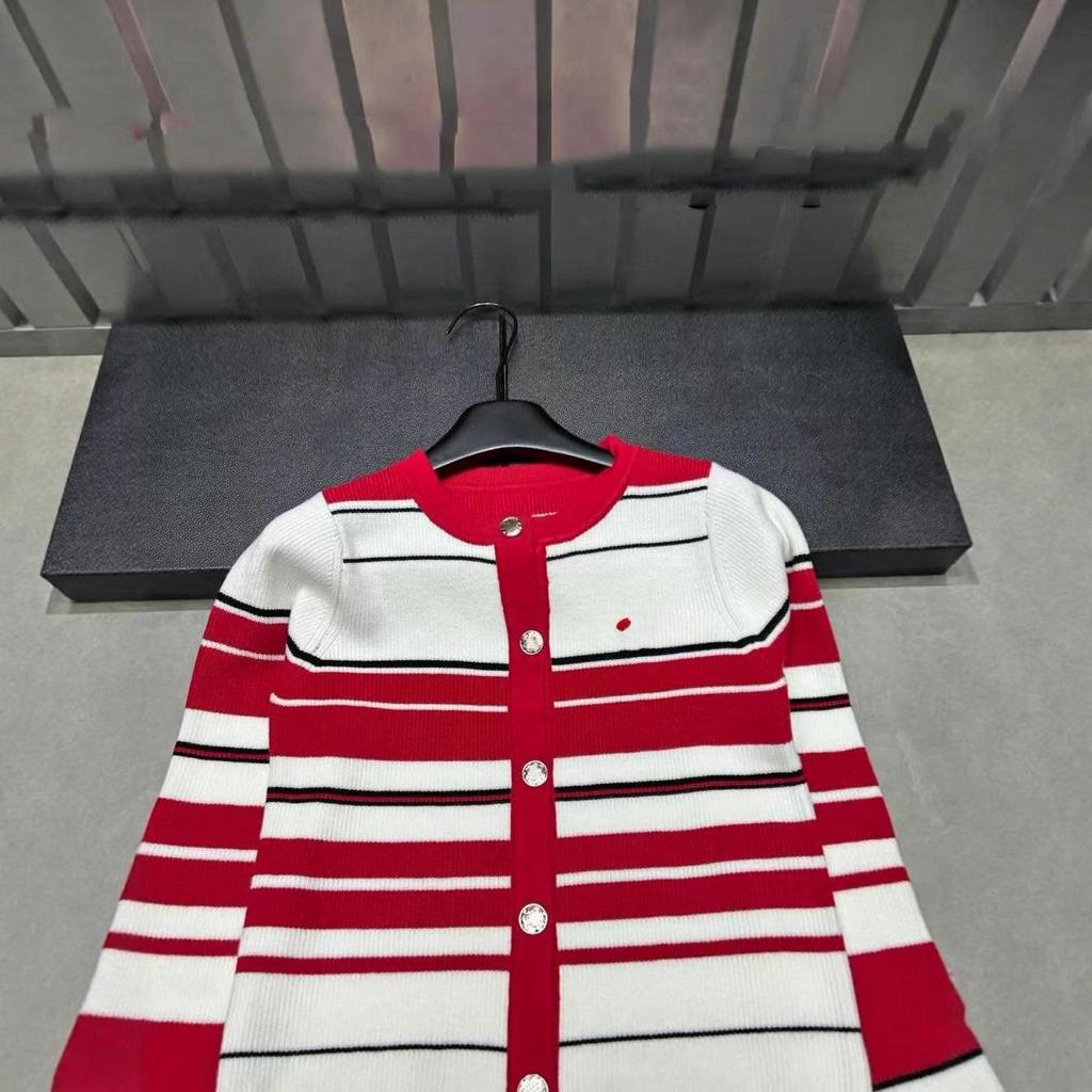 2025 Autumn/Winter Women's Striped Round Neck Knit Cardigan Long Sleeve Age-Defying Versatile Top