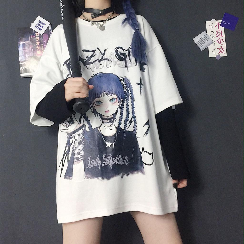 Women T-shirt Harajuku Goth Female Tee Aesthetic Loose Punk Dark Grunge Ladies Gothic Top T-shirts Clothes Y2k Streetwear